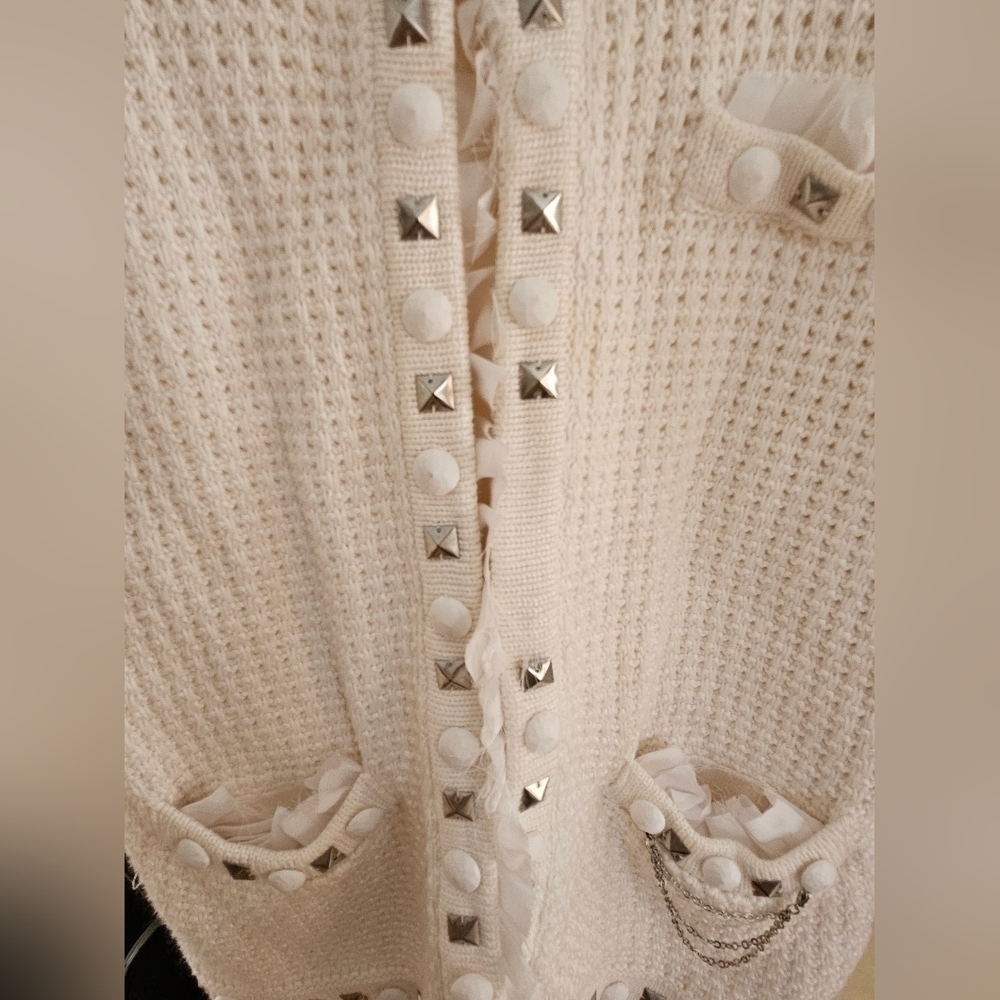 White House Black Market Cream Ruffle/Jewel Detail  Sweater Cardigan-Size Medium - Picture 7 of 12